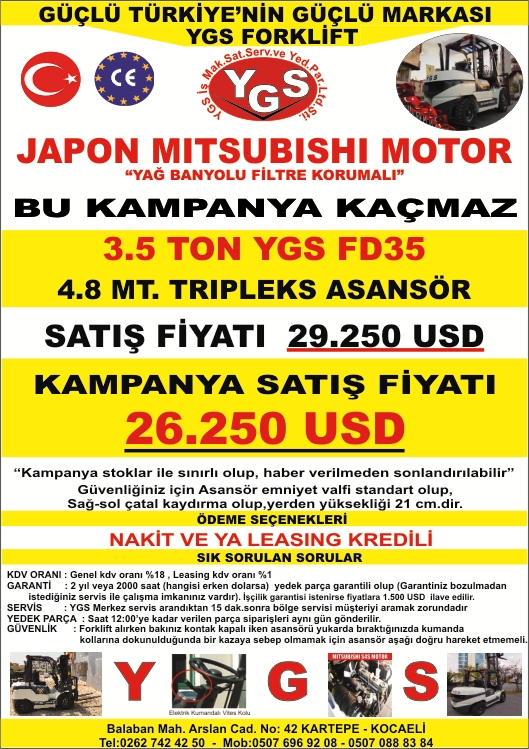 2 Ton-3 Ton - 3.5 Ton Satılık Forklift Japon Mitsubishi Motor Ygs Forklift